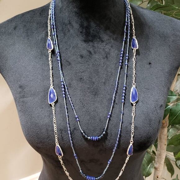 Womens Fashion Black Blue Rhinestones Long Collar Necklace with Lobster Clasp - Picture 2 of 7